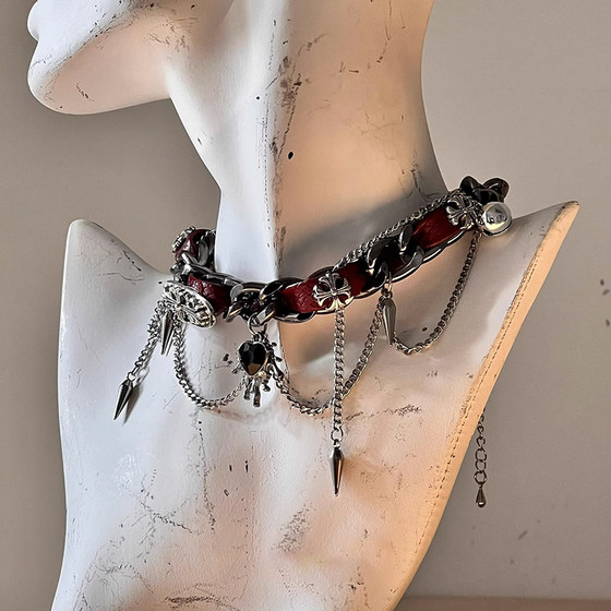 Chocker 포장 리벳 금속 가죽 칼라 크로우 펑크 사랑 소녀 Y2K 하위 문화 틈새 목걸이