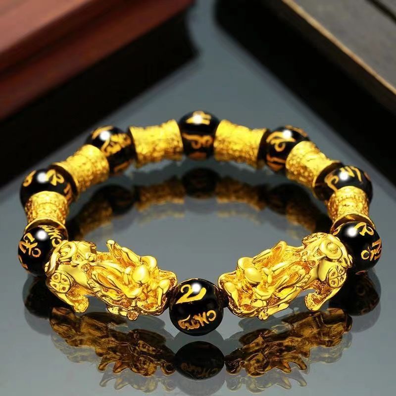 Large Pixiu Bracelet for Men, Six-Character Mantra, Double Happiness, Gold Yellow, Unisex Bracelet, 2024 New Model