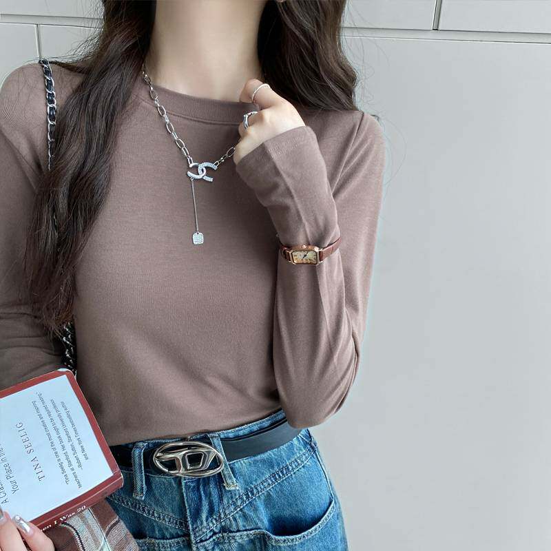 Long sleeve blouse Women's 2023 new fall positive shoulder curl modell hit undershirt with a round collar t-shirt-Taobao