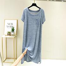 2024 new outer wear dress for women summer thin short-sleeved long skirt loose large size cotton nightgown knitted slit skirt