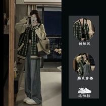 New autumn and winter style lazy style loose knitted sweater baseball jacket jacket womens jeans two-piece suit