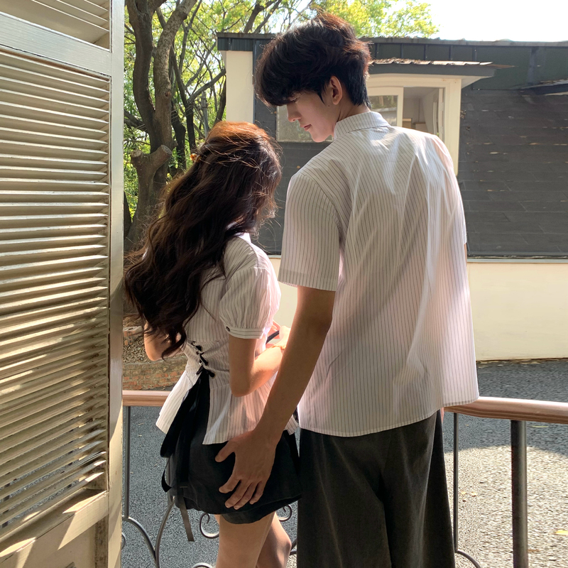 Couple's Summer Striped Short-Sleeve Shirts, Unisex Design with V-Neck, Tie Waist, Slimming Effect, One Long and One Short Shirt