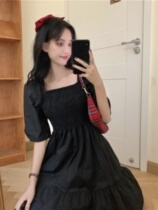 Dress solid color female student summer new puff sleeves long skirt collar a temperament slimming medium e square waist skirt