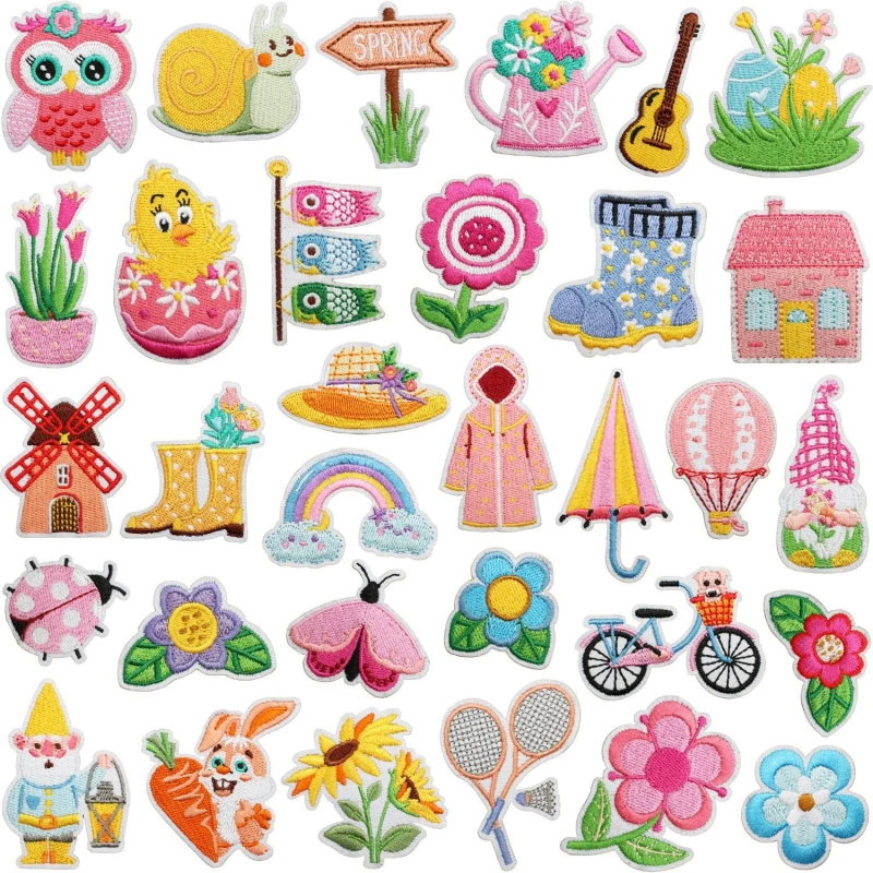 Spring Flower Embroidery Patches, Spring Blossoms Patches, Chick Computer Embroidery Patches, Raincoat and Rain Boots Embroidery Patches