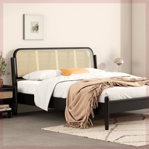 Modern simple master bedroom king size double bed black Nordic Japanese style retro wabi-sabi style B&B bed rattan solid wood bed