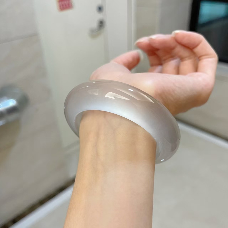 High-Quality White Moonlight Jade Round Bangle, Natural Burmese Old Mine A-Grade Wide Version Genuine Jade Bracelet for Women