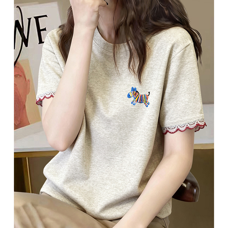 Trendy Short-Sleeved T-Shirt for Women with Lace Trim at the Cuffs, 2026 Summer New Style, Pure Cotton, Versatile and Slimming Top for Women