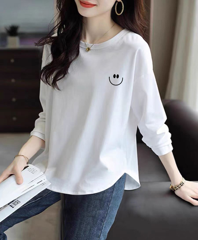 Arc-Shaped Hem Base Shirt, Spring and Autumn 2024 New Style, Pure Cotton, Round Neck, Long-Sleeved T-Shirt for Women, Loose and Versatile Top, Trendy