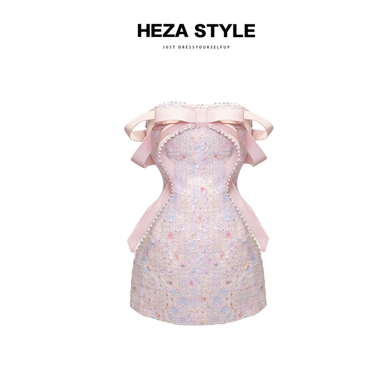 Heza Slightly Chubby Sweet Bow Sequin Dress for Women, High-End Style, Waist-Cinching Pink Birthday Dress