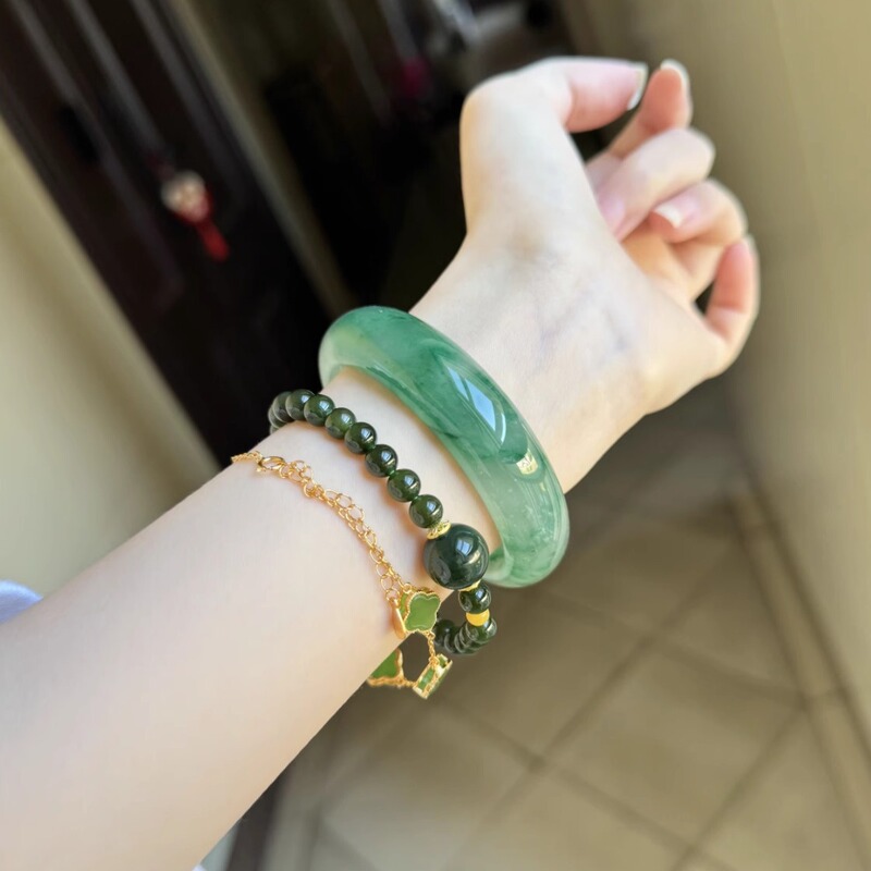Natural Floating Flower Jade Bracelet, Ice-Type African Jade Bracelet, High Ice Single Dragon Jade Bracelet, Women's Genuine Gift