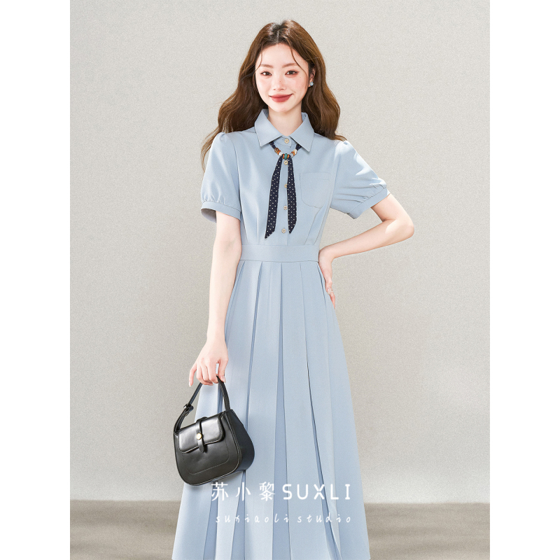 Su Xiaoli's New Summer Style College-Style Workwear Blue Short-Sleeved Shirt Dress for Women's Teaching Qualification Interview, Waist-Cinching Long Dress