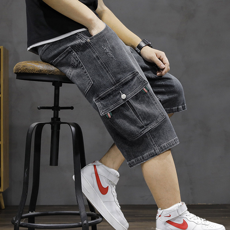 Xiahu Shijia Official Flagship Store Workwear Denim Shorts for Men, Stretchy Loose Fit, Multi-Pocket, Seven-Quarter Length, Summer Thin Style