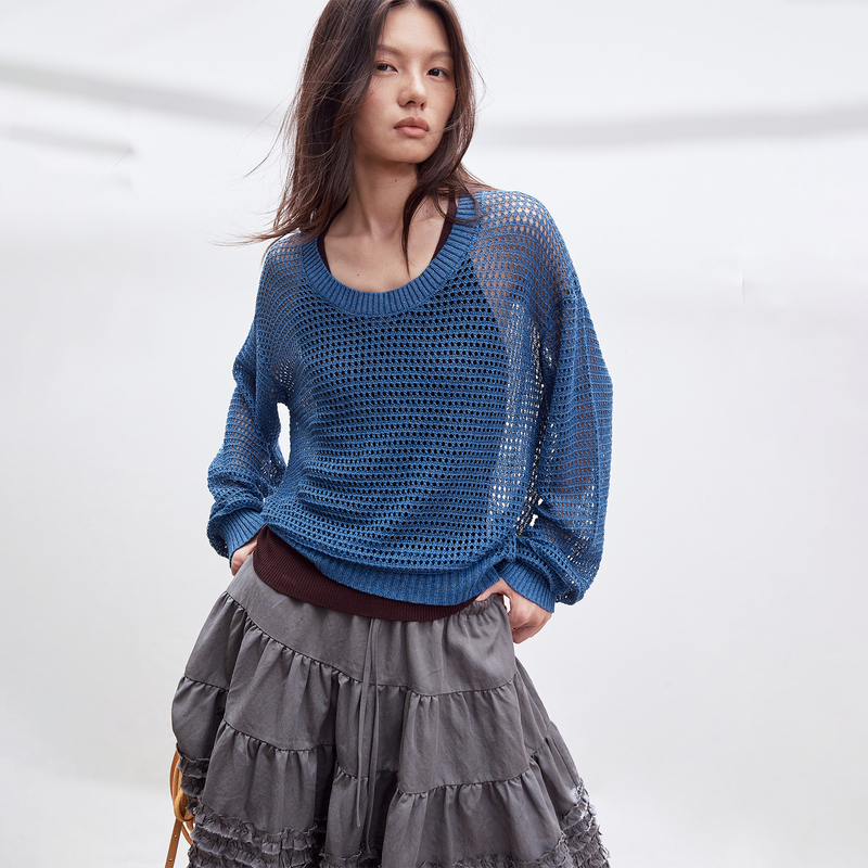 Shkuco Imported Dry Washi Yarn, Coarse Needle Texture, Long-Sleeved Hollow Knit Top