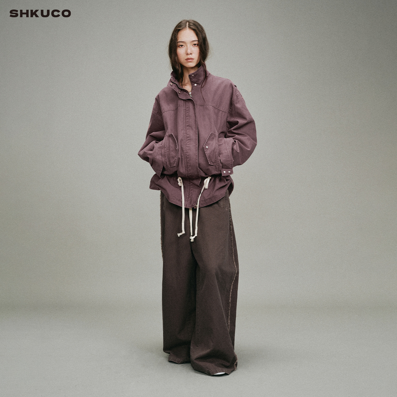 Shkuco Vintage Washed Canvas Distressed Loose Stand Collar Adjustable Drawstring Jacket Workwear Coat
