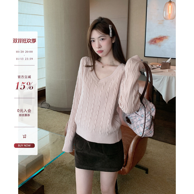 Morning Bloom Pink V-Neck Twist Long-Sleeved Knitwear for Women, Korean Style Beautiful Inner Layering Knitwear Top