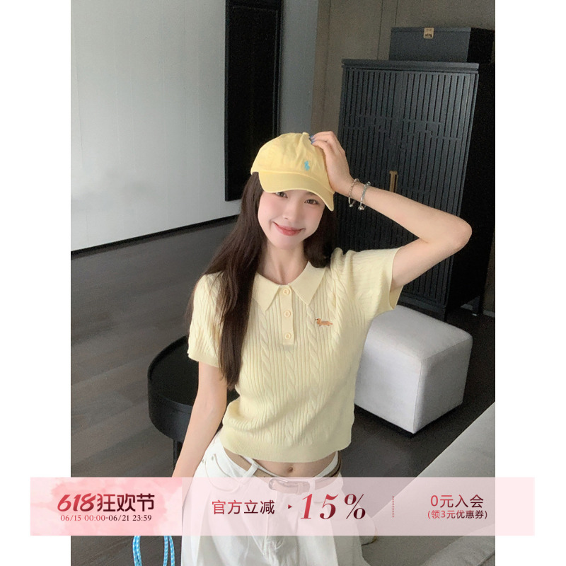 Morning Bloom Preppy Style Creamy Yellow Polo Collar Knitted Short-Sleeved T-Shirt for Women Summer Embroidered Lapel Top