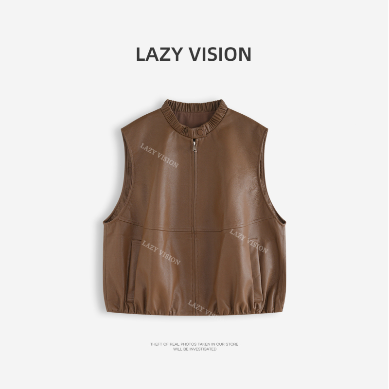 Lazyvision Soft Elastic Sheepskin Pleated Small Stand-Up Collar Vest for Women Autumn Sleeveless Zipper Layered Jacket 39362