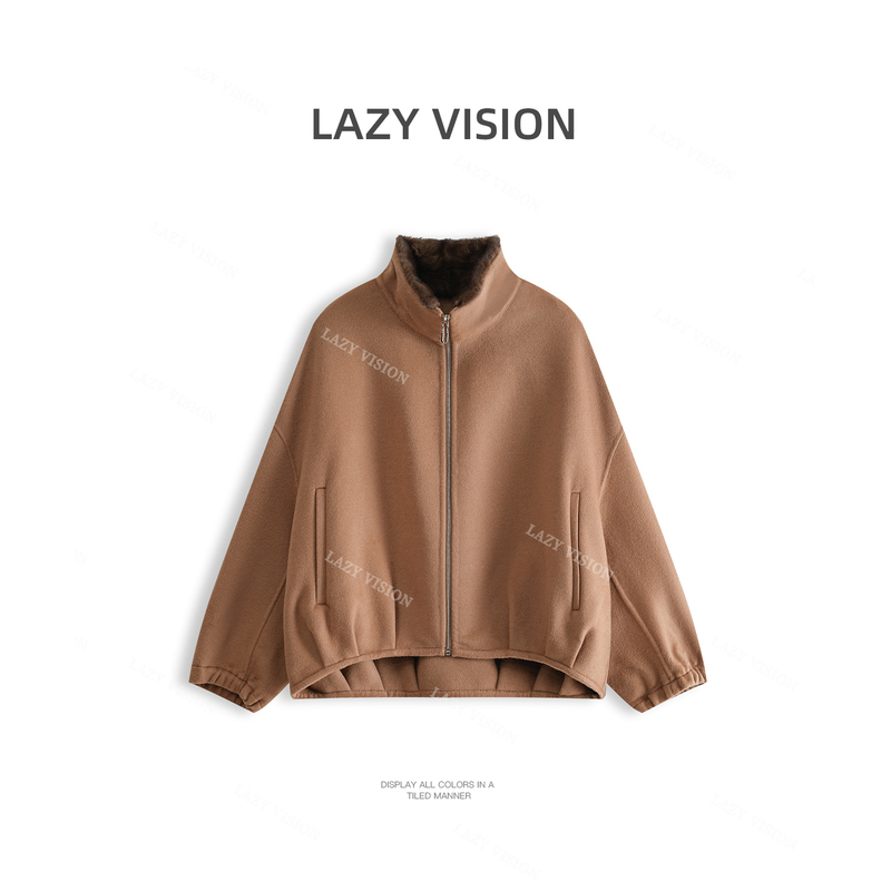 Lazyvision Autumn Atmosphere Real Mink Fur Collar Jacket Women's Short Casual Zipper Jacket 40565