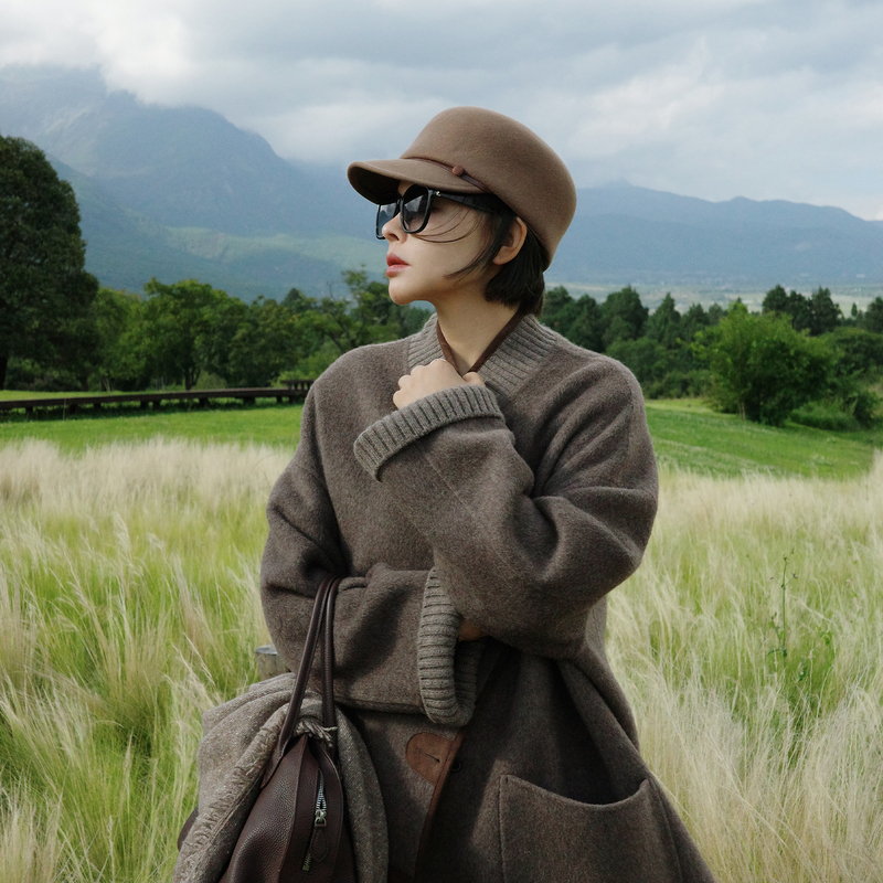 Lazyvision Cowhide Double-Sided Woolen Coat for Women, Autumn Mid-Length Sheepskin Suede Trim Jacket 40306