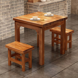 Solid Wood Fast Food Tables and Chairs, Restaurant Snack Shop Tables and Chairs, Chinese-Style Carbonized Hot Pot Barbecue Rectangular Dining Table Set