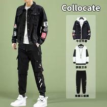 Three mens clothing sets handsome and trendy m boys suits spring and autumn new Japanese style loose denim jackets a set