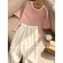 Complete summer outfit with dopamine style age-reducing pink striped short-sleeved T-shirt linen casual pants suit for women