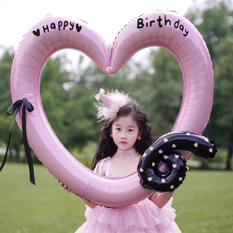 Large Heart-Shaped Photo Frame Balloon with Hollow Bow, Girl's Birthday Party, First Birthday, Number, Funny Photo Props