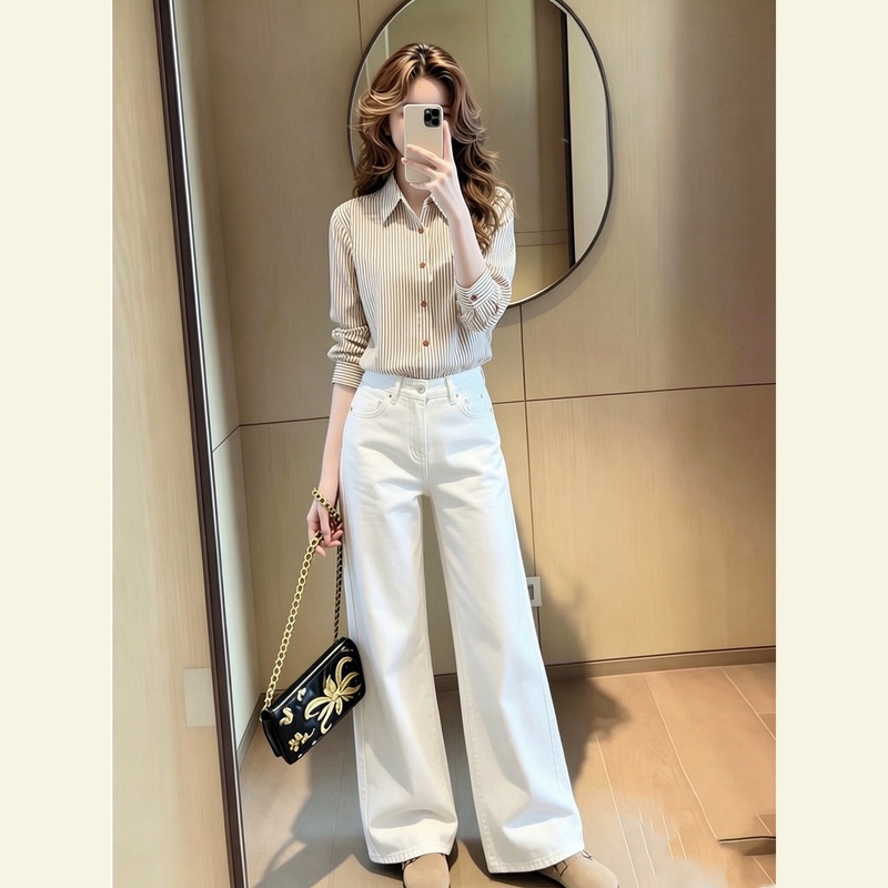 Early Autumn Fashion High-End Outfit Set: Korean-Style Embroidered Striped Long-Sleeve Shirt and Flared Jeans Set for Women