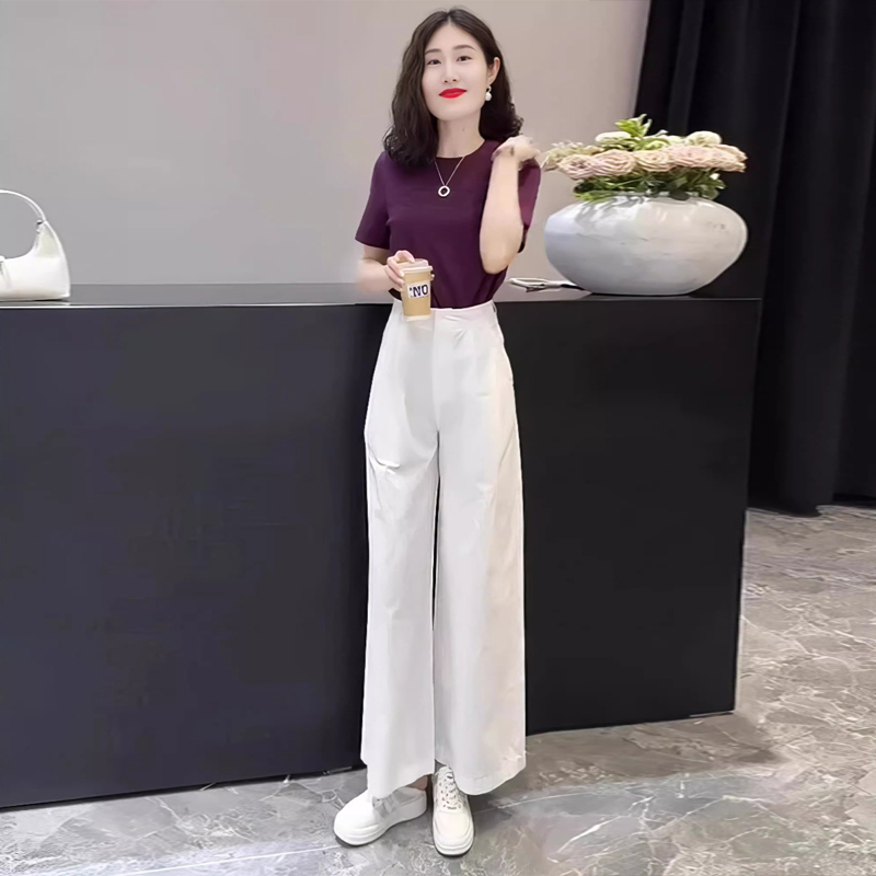 Purple Fashion Suit for Women, Fashionable, High-End, Simple Elegant Top, Casual Wide-Leg Pants, Summer Dress with a Complete Set of Thin Purple Fashion Suit for Women, Fashionable, High-End, Simple Elegant Top, Casual Wide-Leg Pants, Summer Dress with a Complete Set of Thin