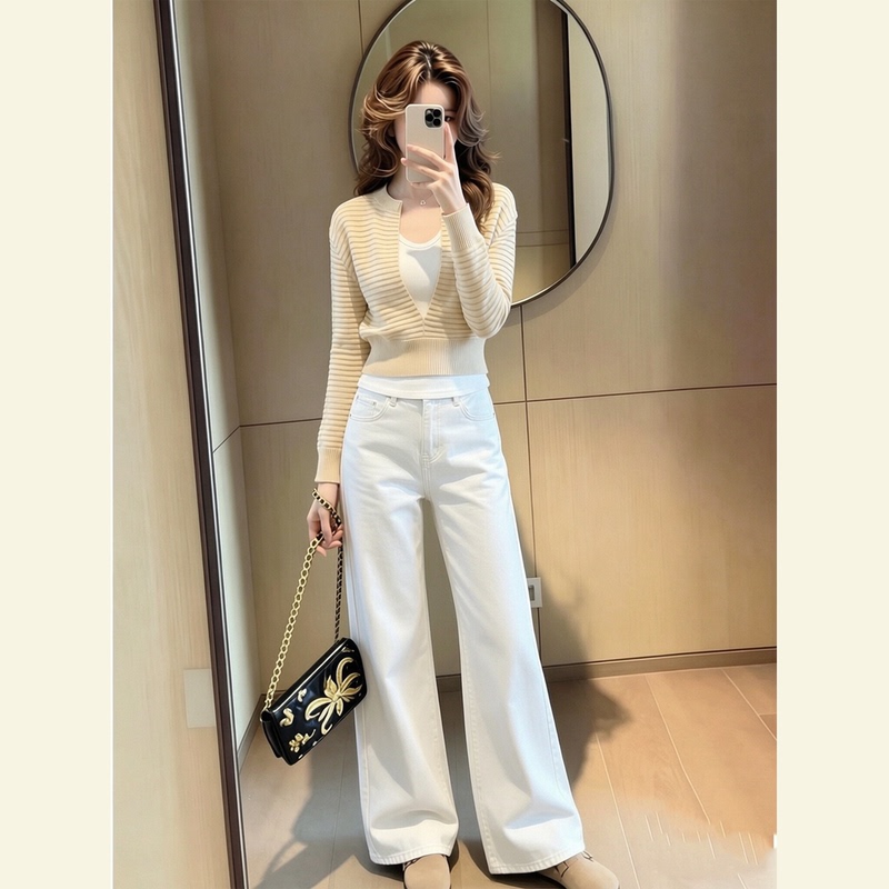 Autumn Korean-Style Ootd Outfit Set with a Light Luxury and High-End Feel, Faux Two-Piece Waist-Cinching Striped Knit Top and Pants Set Autumn Korean-Style Ootd Outfit Set with a Light Luxury and High-End Feel, Faux Two-Piece Waist-Cinching Striped Knit Top and Pants Set