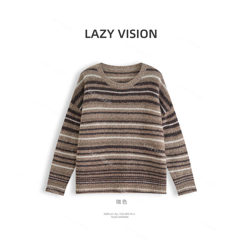 Sasa｜Vintage Fine Glitter Striped Pure Cashmere Knitwear for Women, Warm and Soft Long-Sleeved Sweater for Autumn and Winter 39695