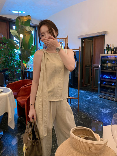 豆豆早安 小个子真丝套装女夏季慵懒马甲上衣+休闲直筒长裤+短裤