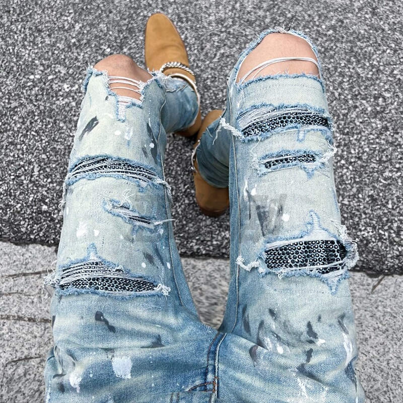 Self-Designed Splash-Ink Blue Diamond, Distinct from the Market, Blue Bull Heavy Industry Hot-Stitched Rhinestone Washed High-Stretch Distressed Jeans, High Street Style