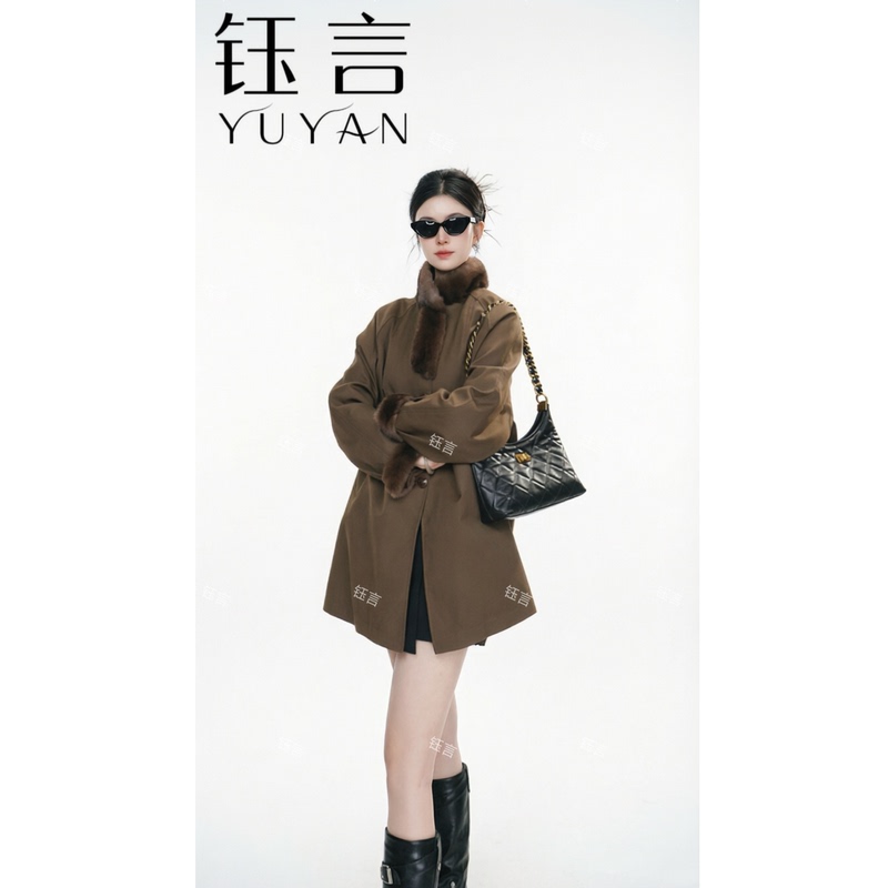 【Coffee Flavor】Winter Genuine Mink Fur Stand-Up Collar High-End White Goose down Barn-Style Loose Coat 8590
