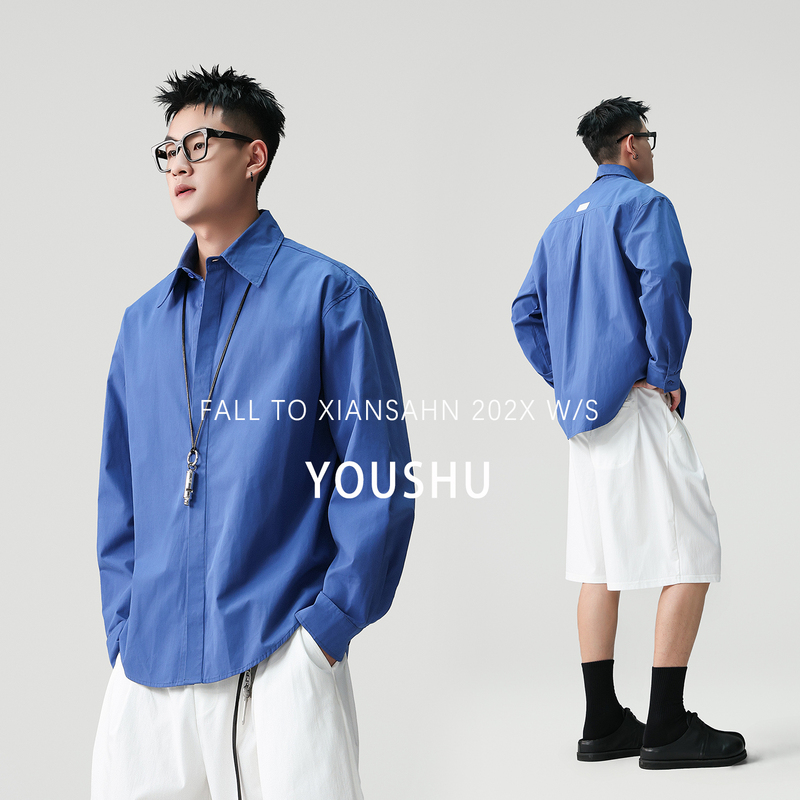 Klein Blue Long-Sleeve Shirt with Lapel Collar for Men, 2026 New Autumn Trendy Cool Workwear Layered Shirt Klein Blue Long-Sleeve Shirt with Lapel Collar for Men, 2026 New Autumn Trendy Cool Workwear Layered Shirt
