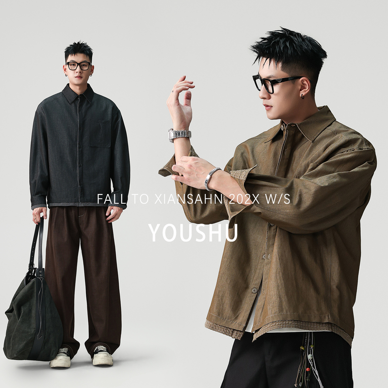 Trendy American-Style Washed Patchwork Fake Two-Piece Long-Sleeve Shirt for Men, 2026 Autumn New Design, Solid Color Shirt