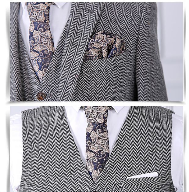 Bốn mùa, hai ngực đơn, giữa mở, len, hoa văn xương cá, vest, vest, vest ba mảnh màu xám, nam quần nam