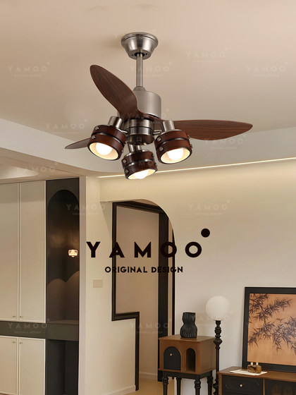 Yameng French-Style Mid-Century Living Room Chandelier Fan Light with Large Straight Fan Blades, Vintage American-Style Dining Room Bedroom Ceiling Fan Lighting Fixture