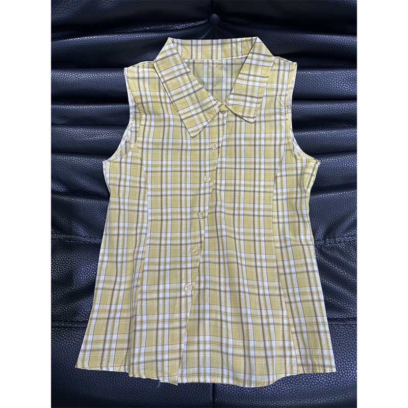 Korean Retro Yellow Plaid Sleeveless Lapel Vest Shirt for Women, Summer Design, Slimming, Diagonal Buttoned Top Korean Retro Yellow Plaid Sleeveless Lapel Vest Shirt for Women, Summer Design, Slimming, Diagonal Buttoned Top