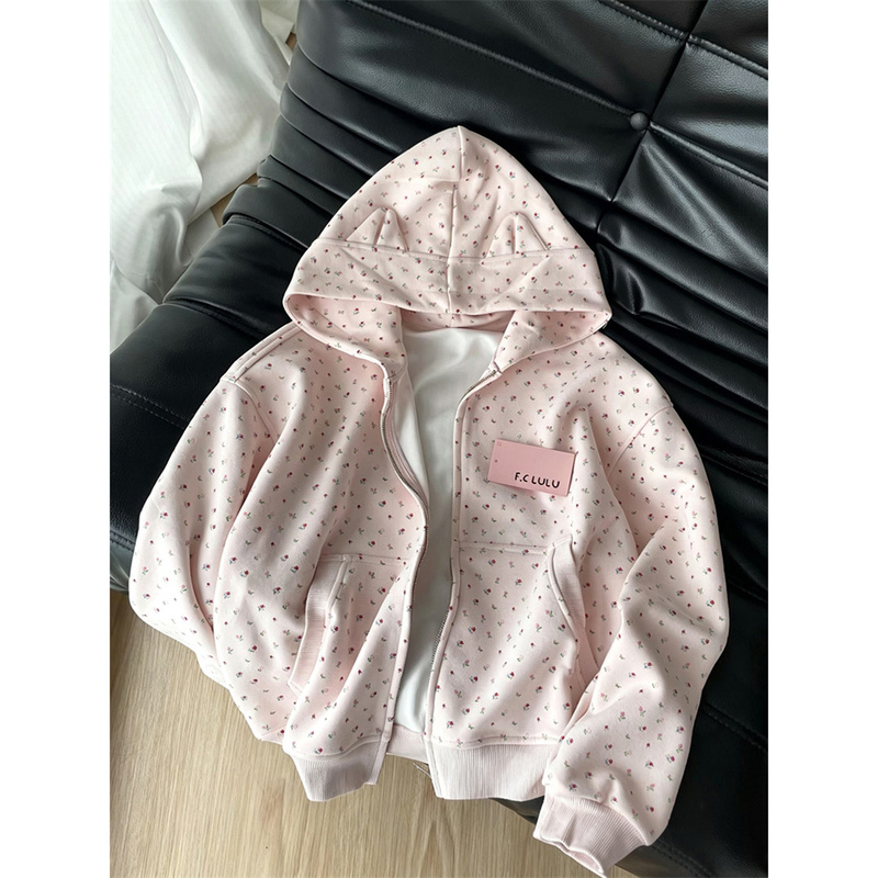 Korean-Style Sweet Pink All-Over Floral Cat Ear Hooded Zip-Up Sweatshirt for Women, Autumn High-End Loose Jacket Trendy Korean-Style Sweet Pink All-Over Floral Cat Ear Hooded Zip-Up Sweatshirt for Women, Autumn High-End Loose Jacket Trendy