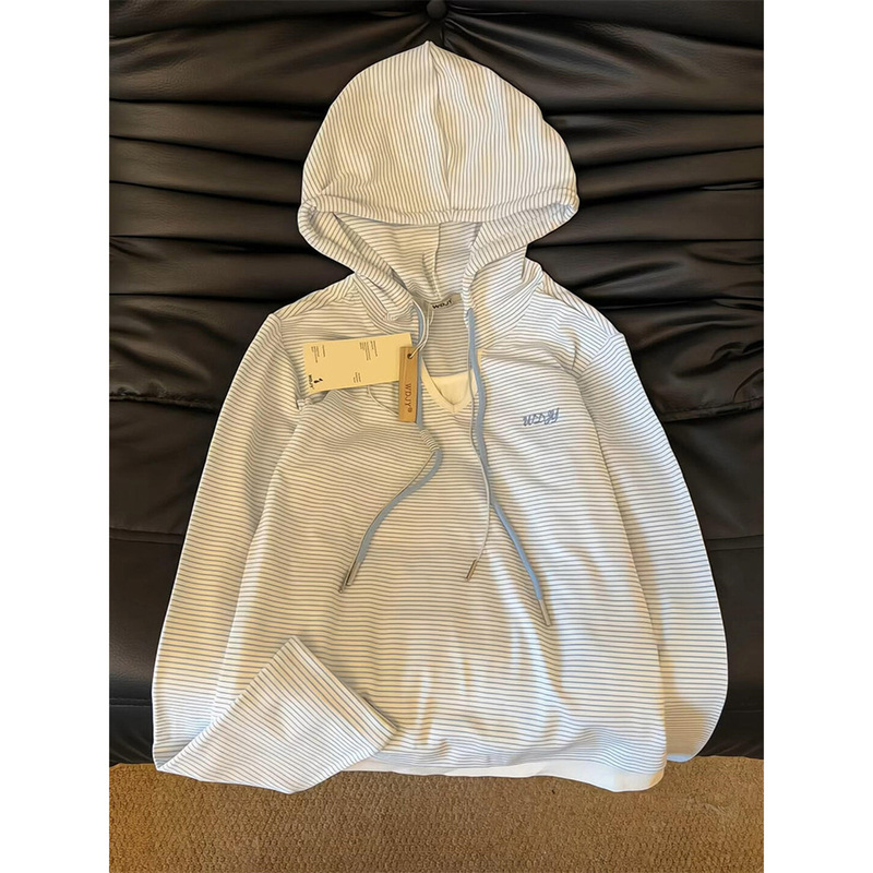 Blue and White Striped Small V-Neck Fake Two-Piece Hooded Sweatshirt for Women, Autumn 2026 New Style, Loose, Casual, Versatile Top, Trendy