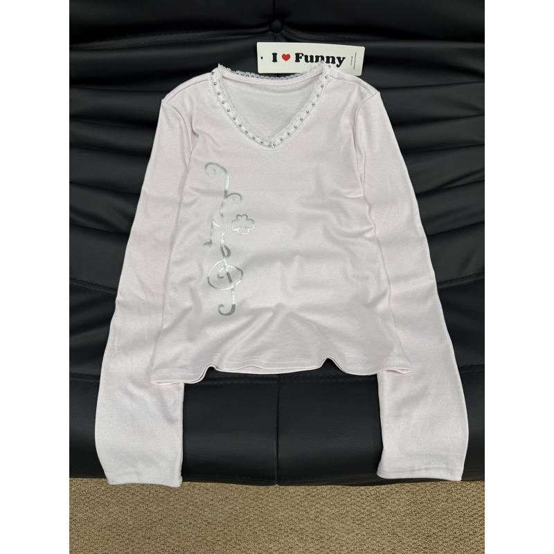 Korean Style Sweet Light Pink Purple Silver-Printed Studded Lace V-Neck Long-Sleeve T-Shirt for Women, Autumn Design, Slimming Top