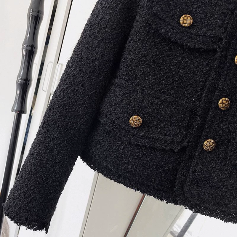 Черная короткая осенняя куртка с длинным рукавом, стиль Chanel