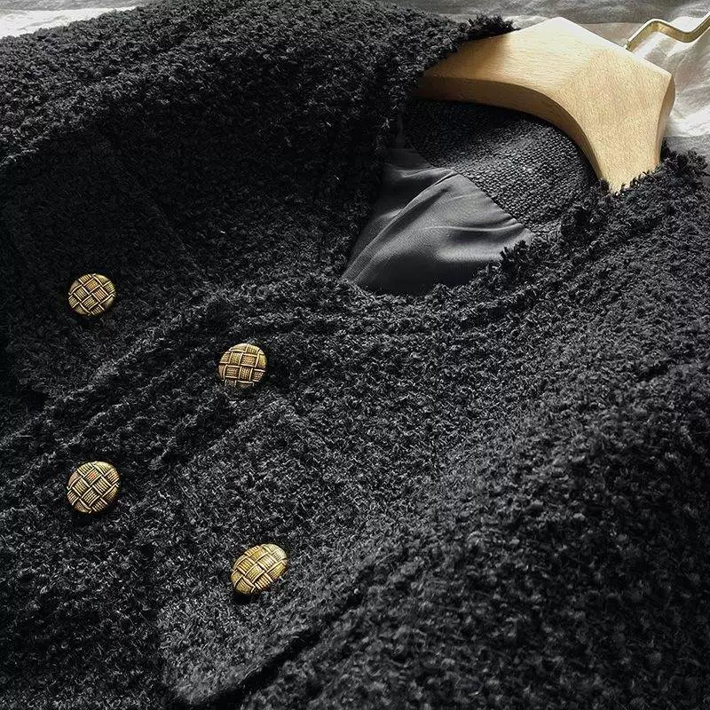 Черная короткая осенняя куртка с длинным рукавом, стиль Chanel