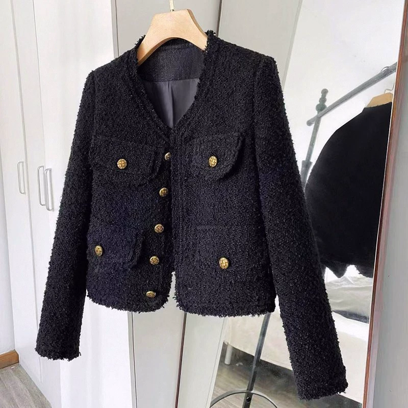 Черная короткая осенняя куртка с длинным рукавом, стиль Chanel