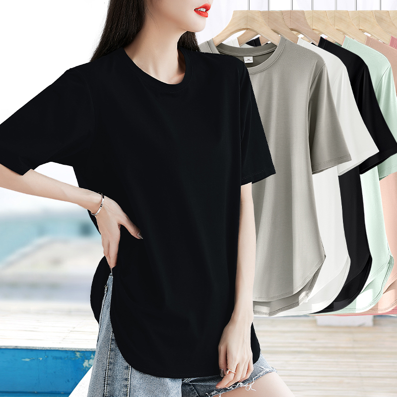 Pure Black Slim-Fit Short-Sleeve T-Shirt for Women with Slits on Both Sides, Summer Arc-Shaped Hem, Thin Summer Wear