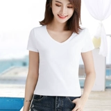 Короткая летняя белая хлопковая черная футболка, подходит для подростков, V-образный вырез, короткий рукав