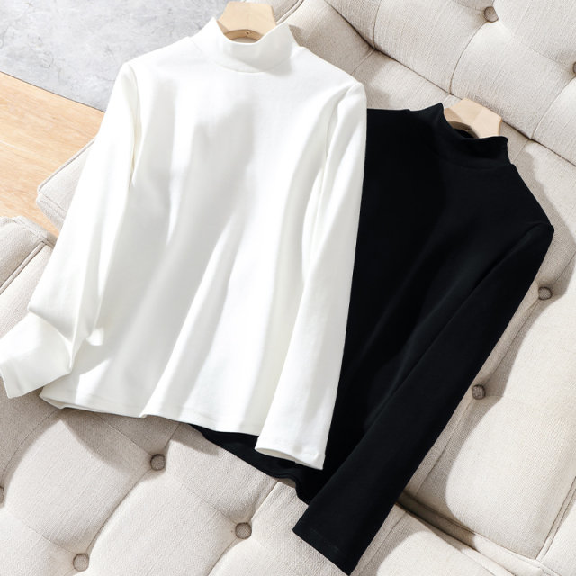 Pure cotton neutral half turtleneck bottoming shirt for women, autumn and winter long-sleeved T-shirt, thickened autumn top for middle-aged and elderly mothers