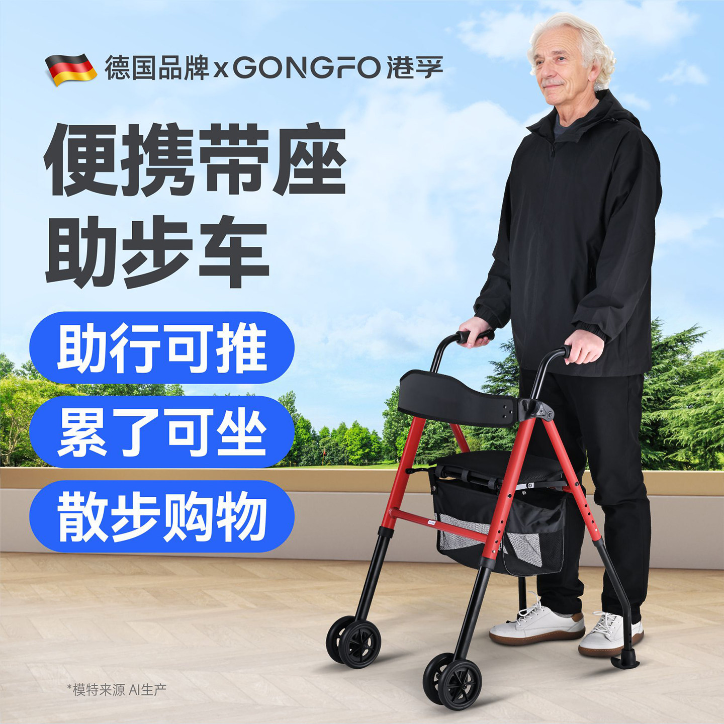 German Elderly Walker, Lightweight Mobility Aid with Armrests, Four-Wheel Walker with Seat and Wheels