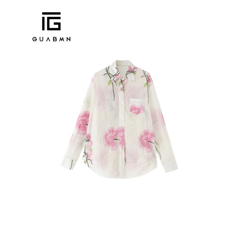 Guabmn2026 Spring New Watercolor Embroidered Shirt for Women, Loose and Slimming, Vacation Style Top 6529